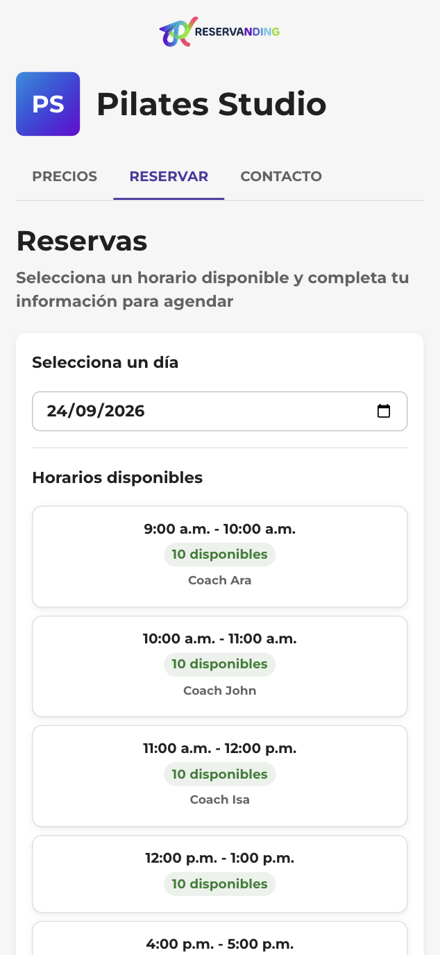 Pantalla de reservas de Reservanding en el celular